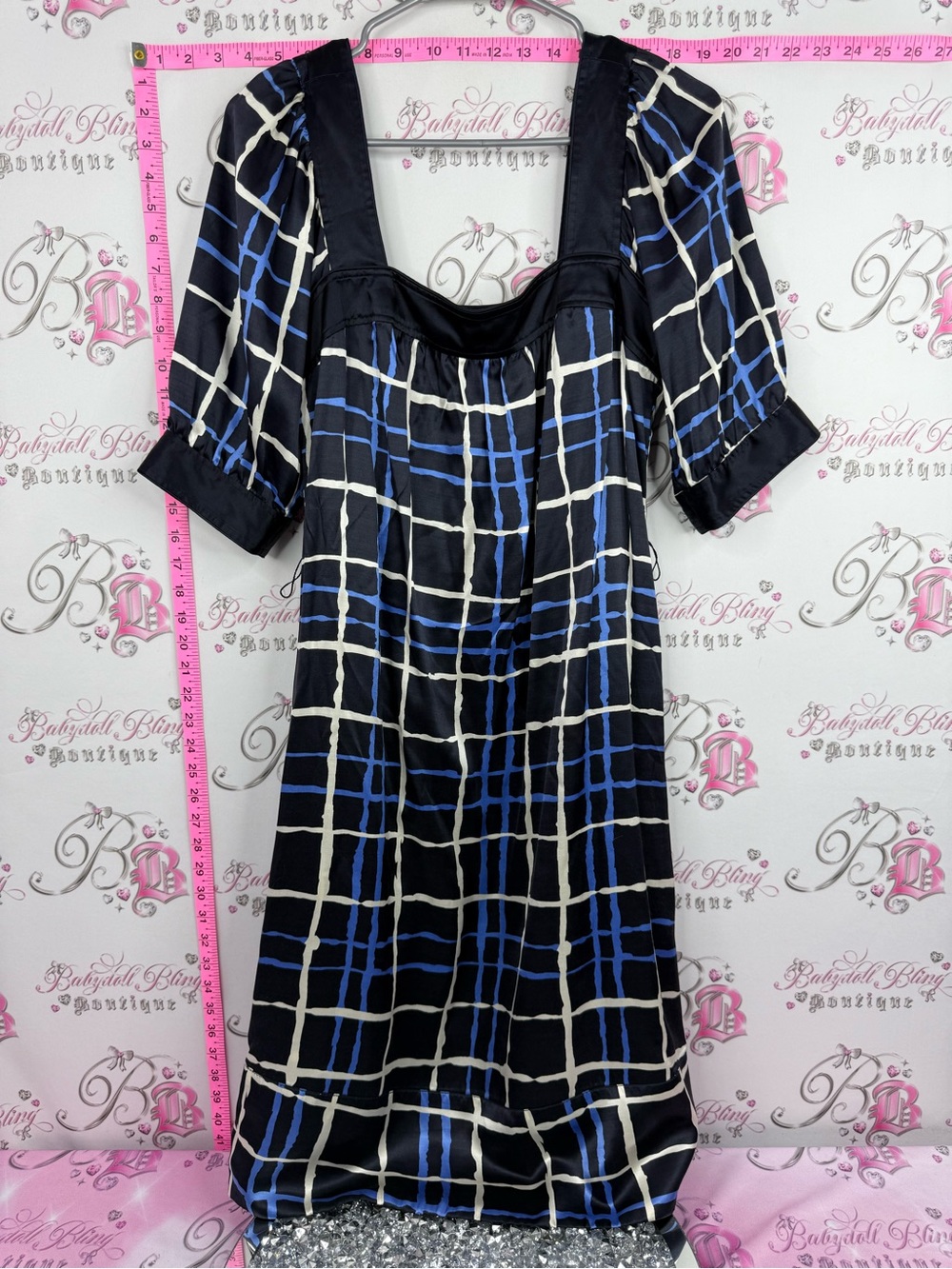 Banana Republic silk & azlon dress Midi Dress with Blue and Cream Windowpane